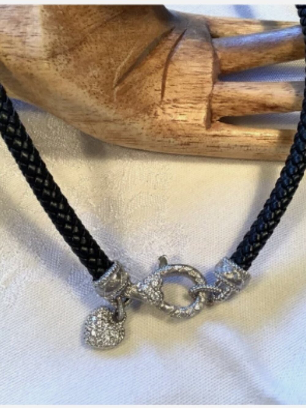 Judith Ripka Leather Necklace w/Sterling Silver 925 Clasp & Heart Charm